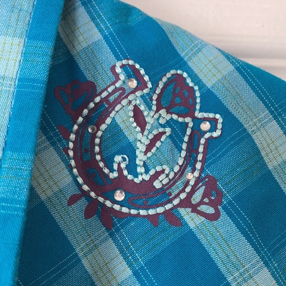 Bit & Bridle blue flannel short sleeved button up - Picture 7 of 17